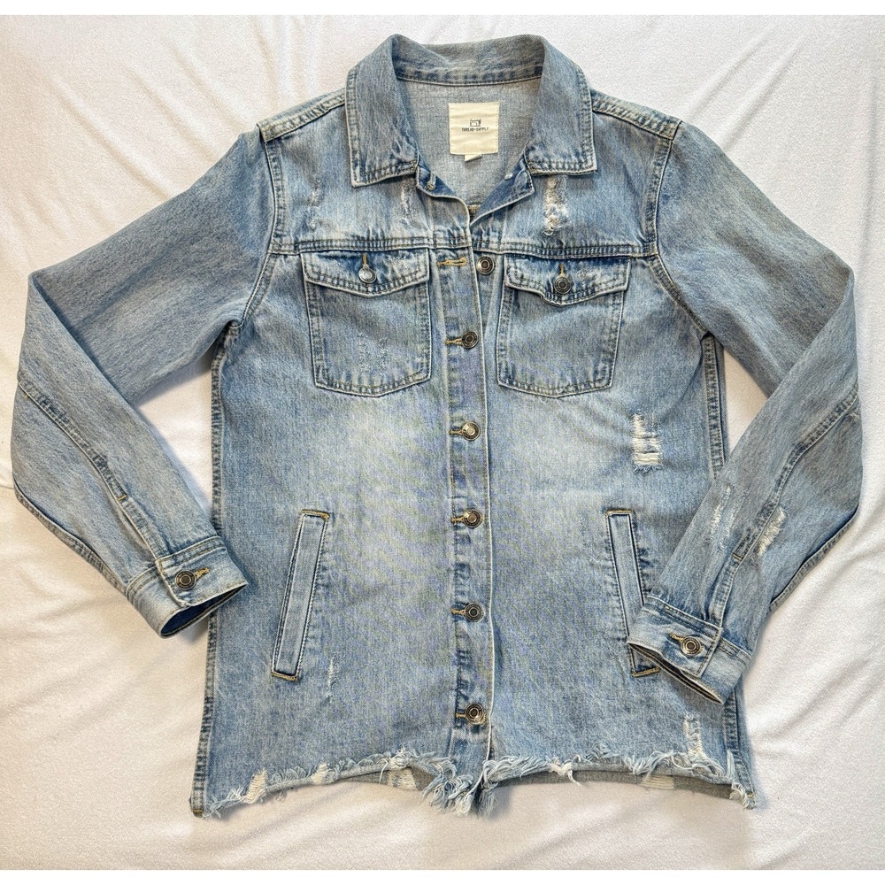 NWOT Thread & Supply Women's Distressed Denim Jacket Raw‎ Hem 100% Cotton XSmall